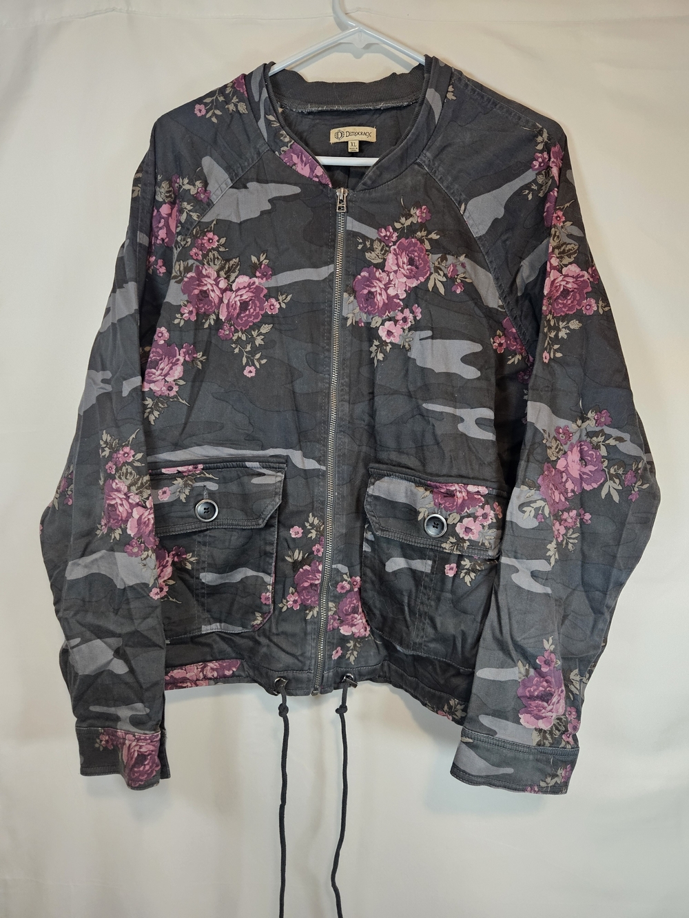 Democracy Black & Gray Floral Camo Bomber Jacket with Pink Roses